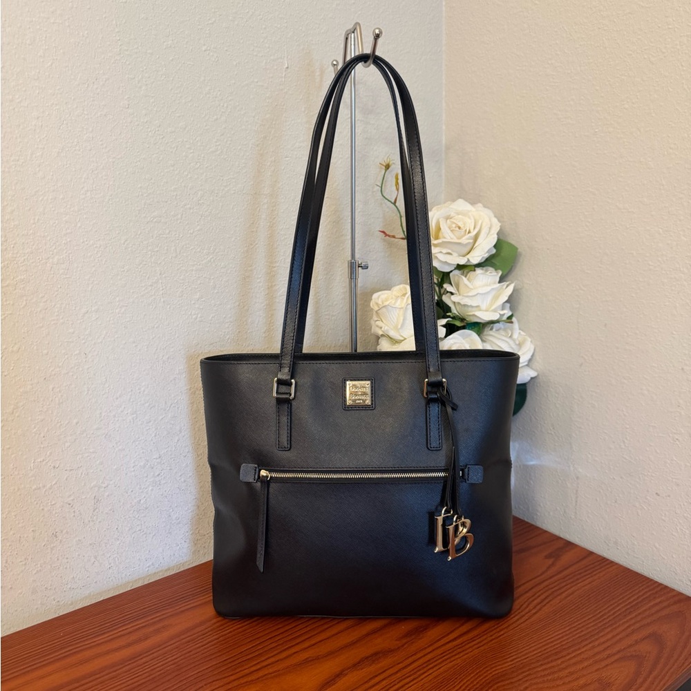 Dooney & Bourke Black Leather Tote with Gold-tone Accents